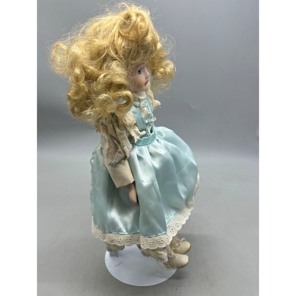 Vintage Porcelain Doll Blonde Curly Hair Blue Eyes Dress Lace Trim Figurine READ - Picture 7 of 11